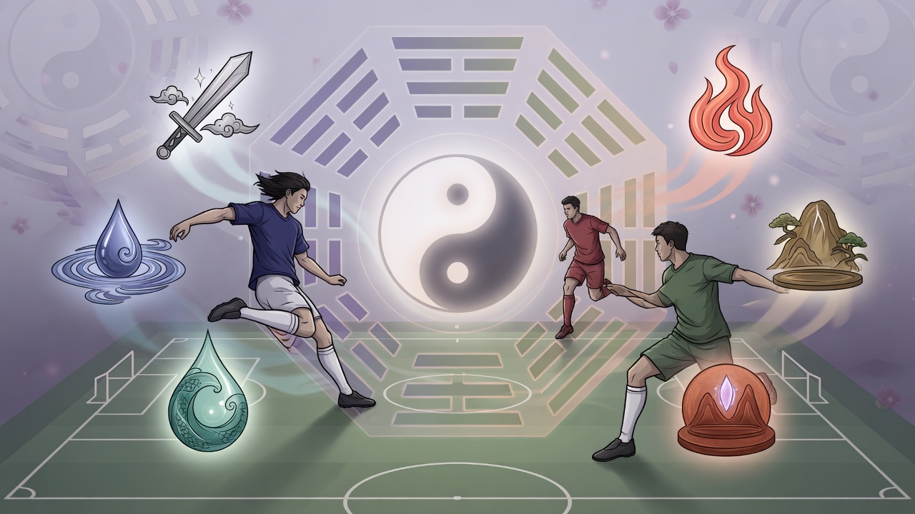 足球场与八卦五行相融的东方命理插画,象征竞技与命运的对话。