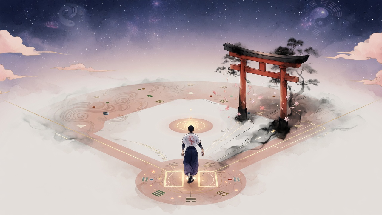 棒球文化与东方命理符号交织的现代插画:星空下的球场与人生十字路口。