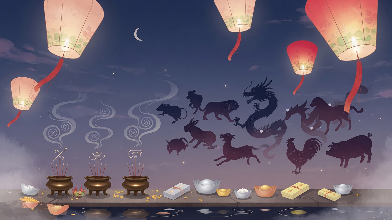 农历七月鬼月氛围与十二生肖意象的现代插画,传递神秘而不恐怖的文化气息。