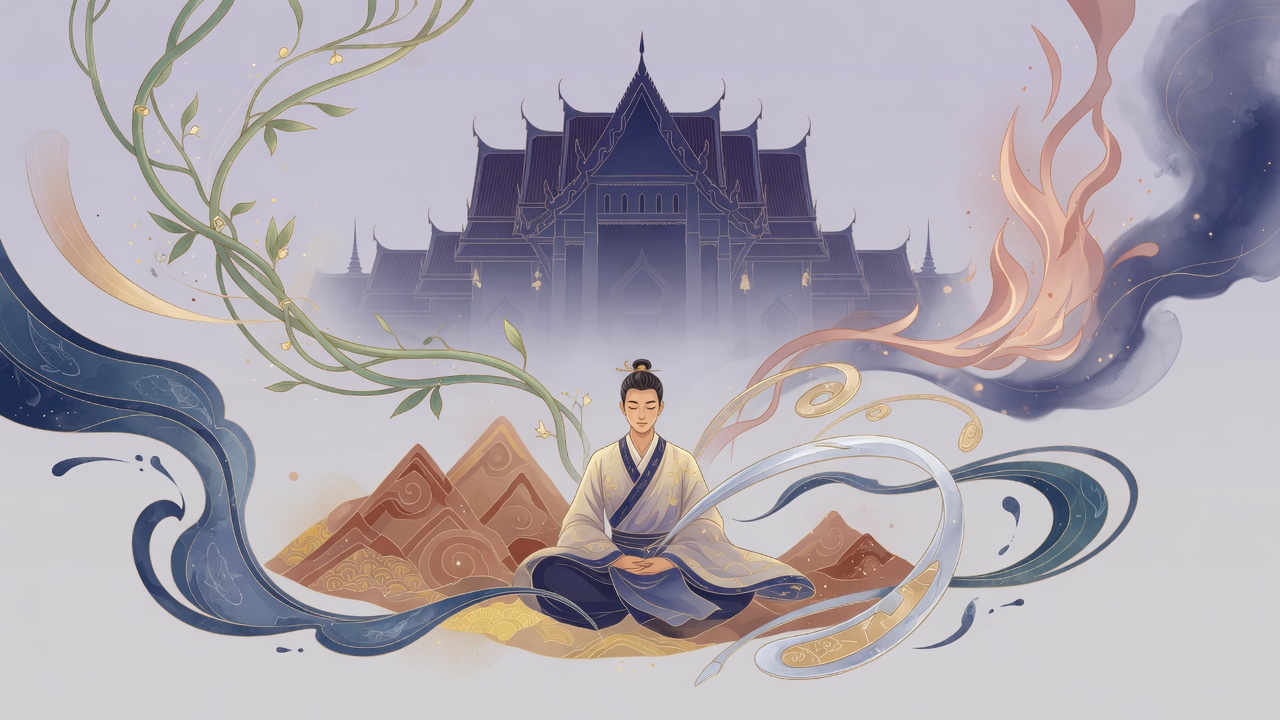 东方命理插画：五行流转间，照见性格与抉择的智慧。