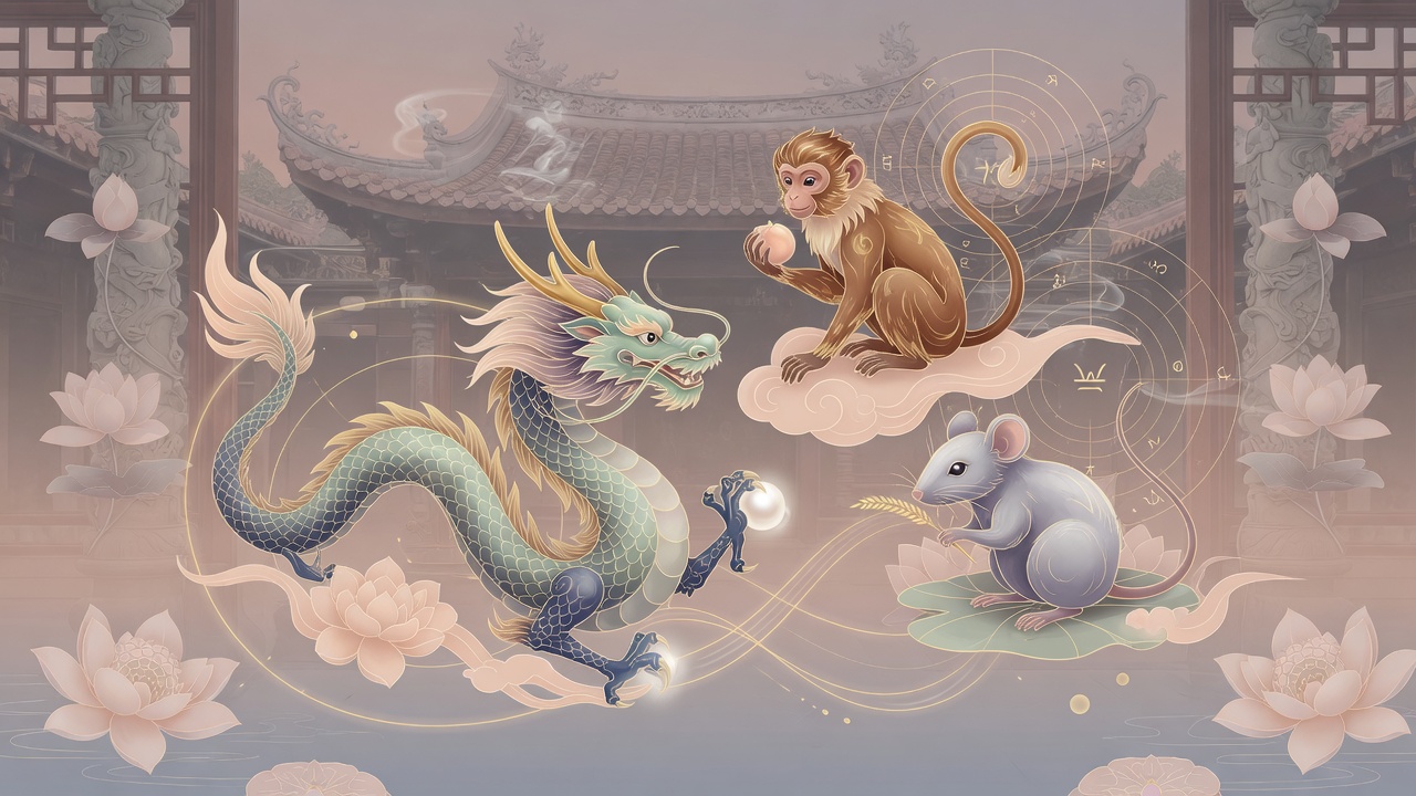 越南民俗中的生肖与八字流日能量示意图(现代插画风格)