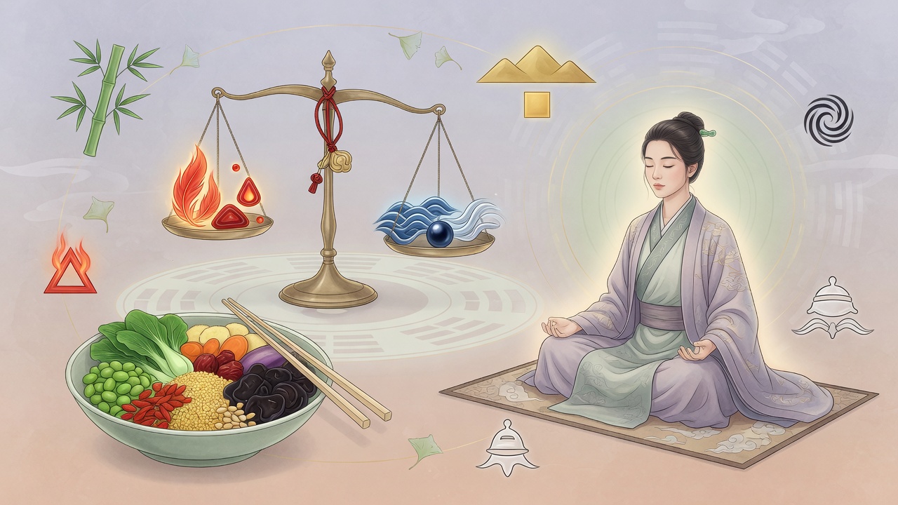 图:五行火土燥湿平衡与脾胃调和示意图