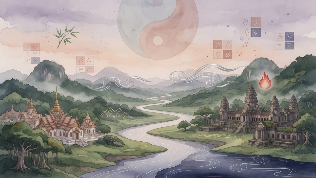 泰柬边境山水间,传统命理符号点缀其中,隐喻边界风云与个人命运的共鸣。