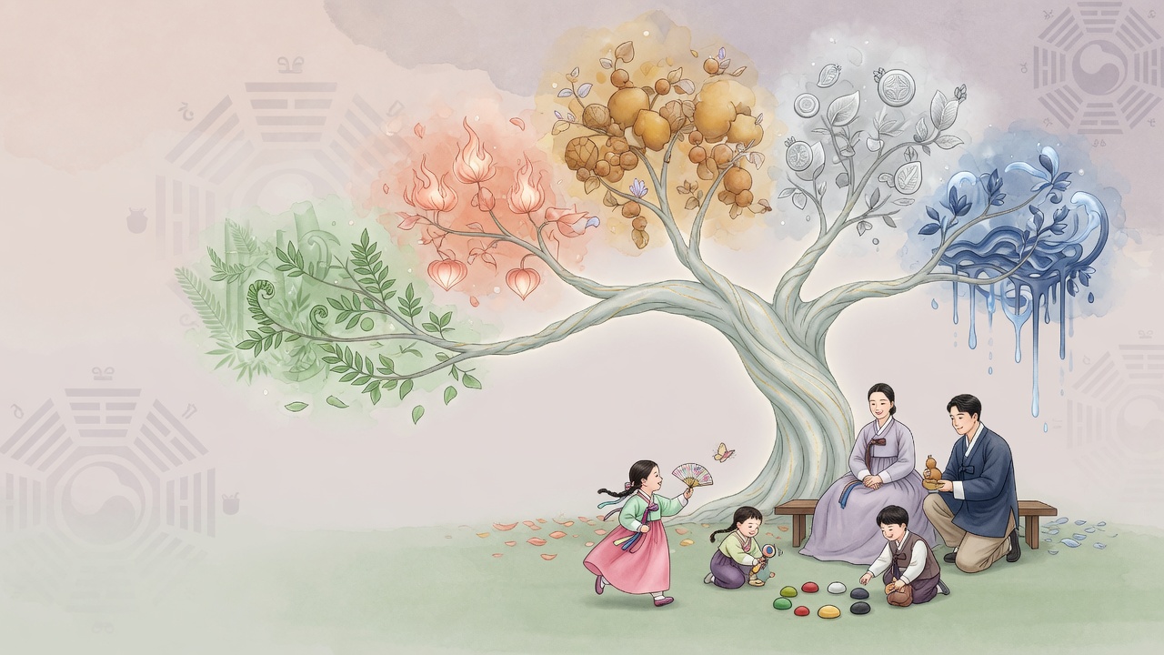 以五行之树隐喻子女星与家庭能量场的东方命理插画