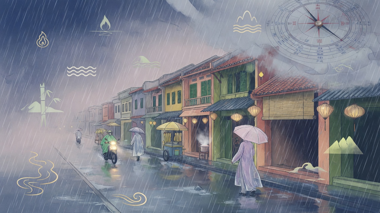 越南雨季街景与传统八字元素融合的现代插画,体现天时与人的对话。