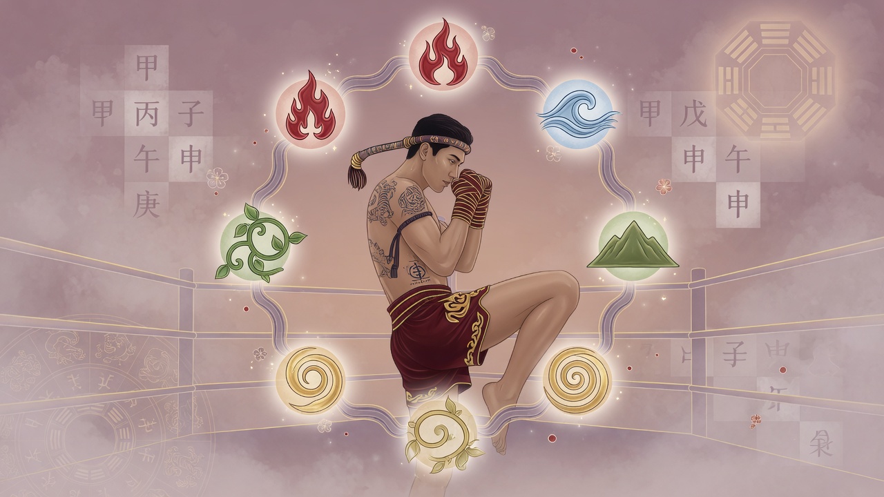 泰拳擂台与八字命理元素的现代插画,展现东方命理与搏击艺术的交融。