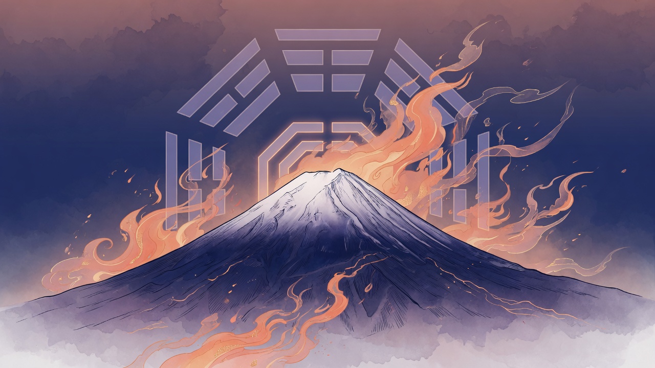 日本富士山意象与命理火元素交融的现代插画,展现五行之火的能量与转化。