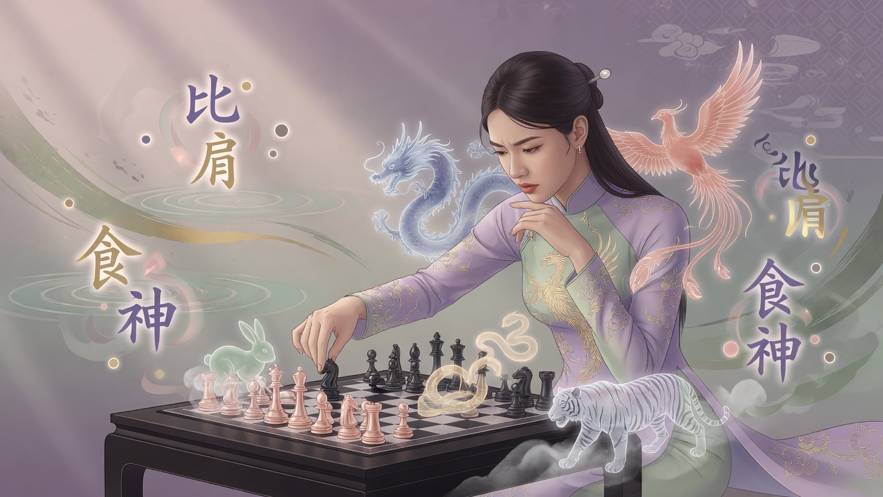 越南女棋手凝神对弈,命理元素环绕,象征比劫竞争心与食伤智谋的交织。