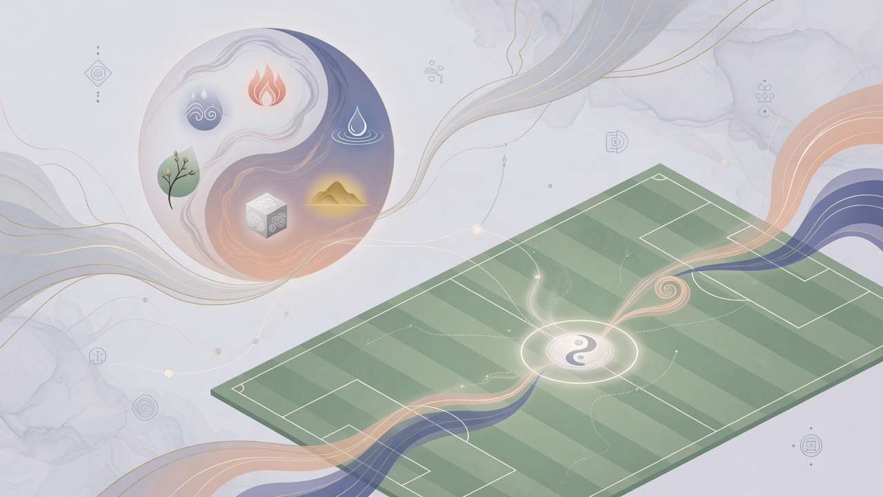 图：五行能量与绿茵场交织的抽象插画，寓意性格底色与时势流转的互动。
