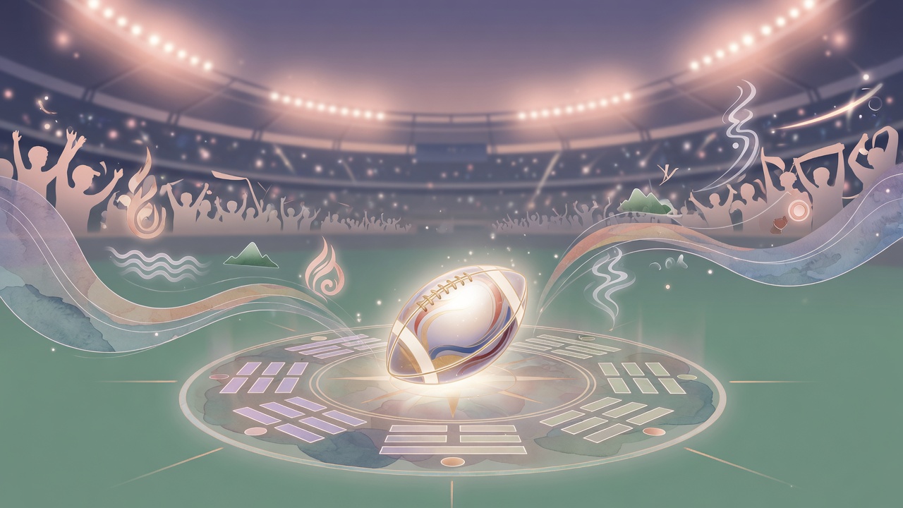 东方命理与现代竞技交融的意象插画:球场光影中浮现五行八卦元素,象征性格与时势的互动。