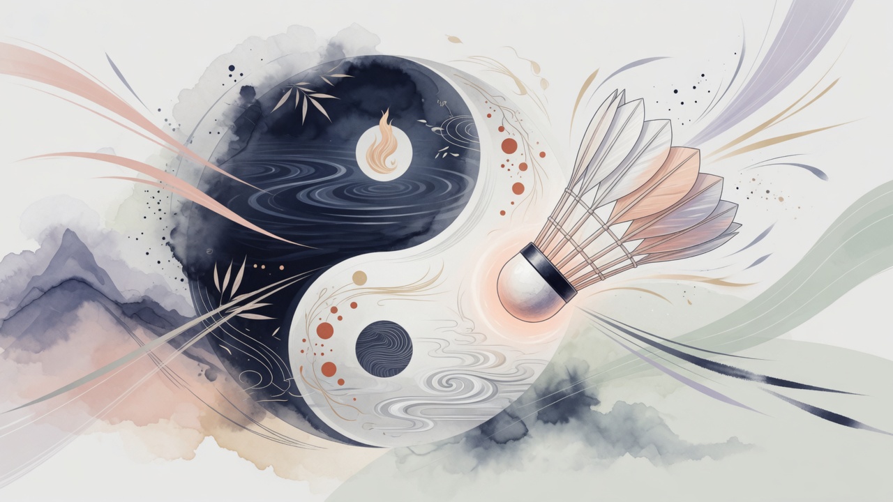 水墨风羽毛球场与五行元素融合的东方命理插画,隐喻竞技中的能量流转。