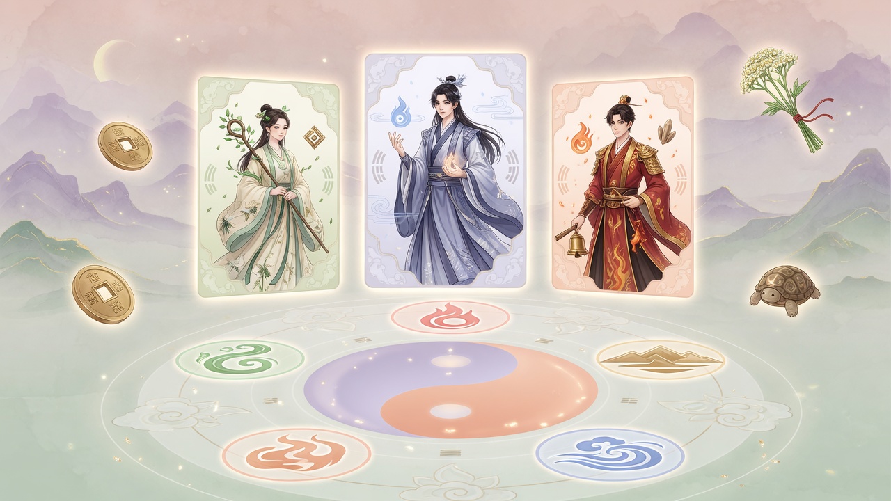 当传统命理符号遇上游戏角色选择界面,五行与职业的隐喻在画面中悄然展开。