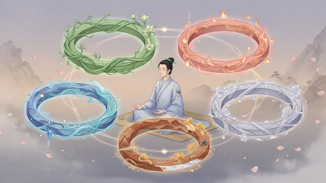 传统五行平衡意象:能量流转,身心调和