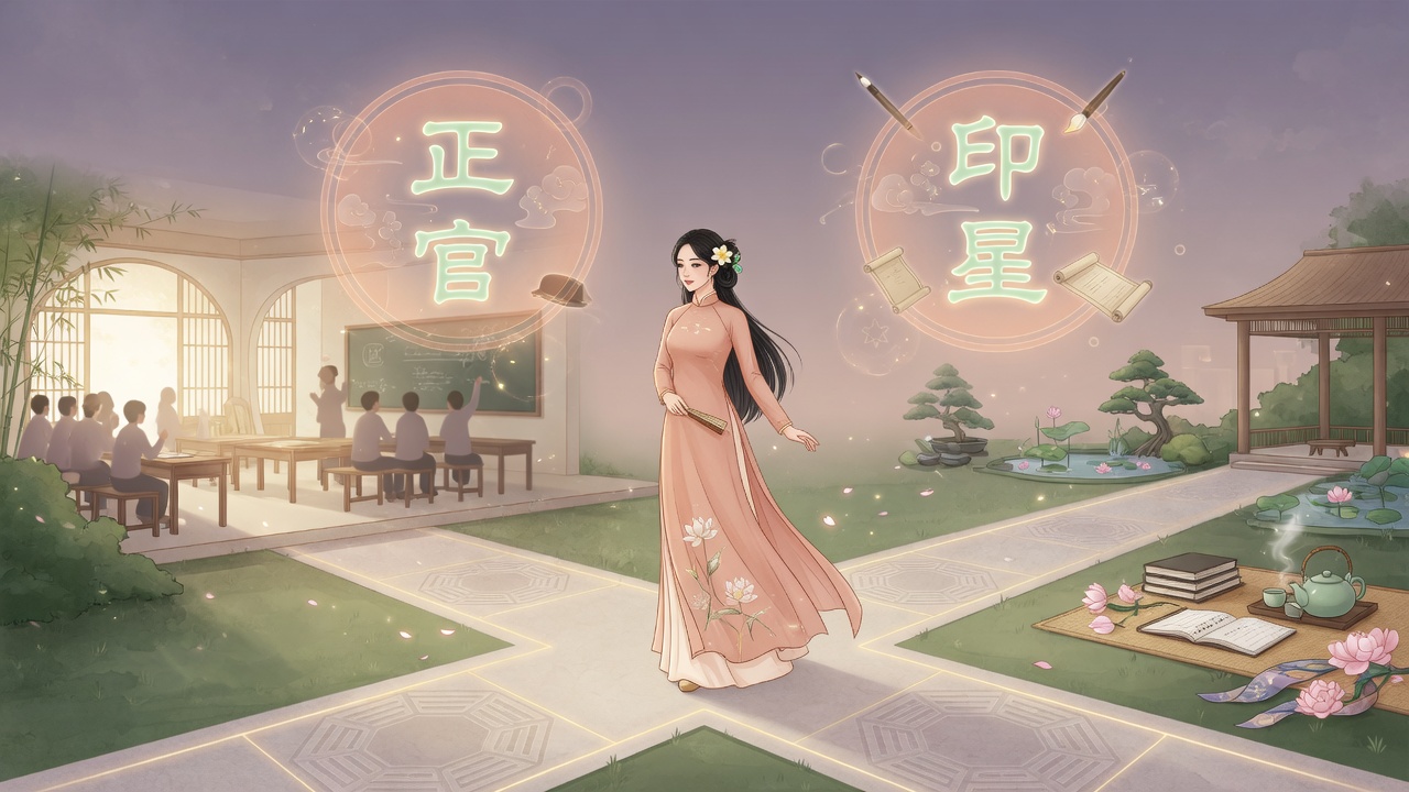 教师职业的稳定与人生转折,在八字中对应着正官与印星的微妙互动(示意图)