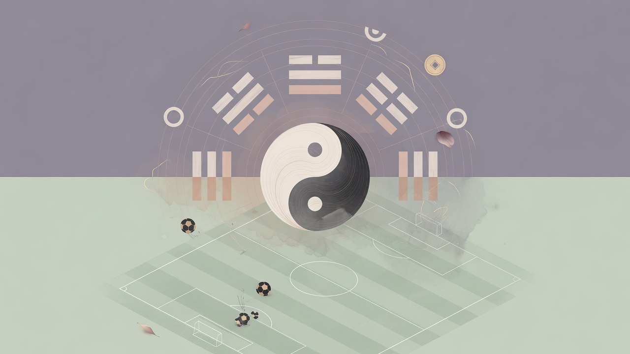 绿茵场与八卦盘交融,隐喻八字中的时势流转与个人选择。