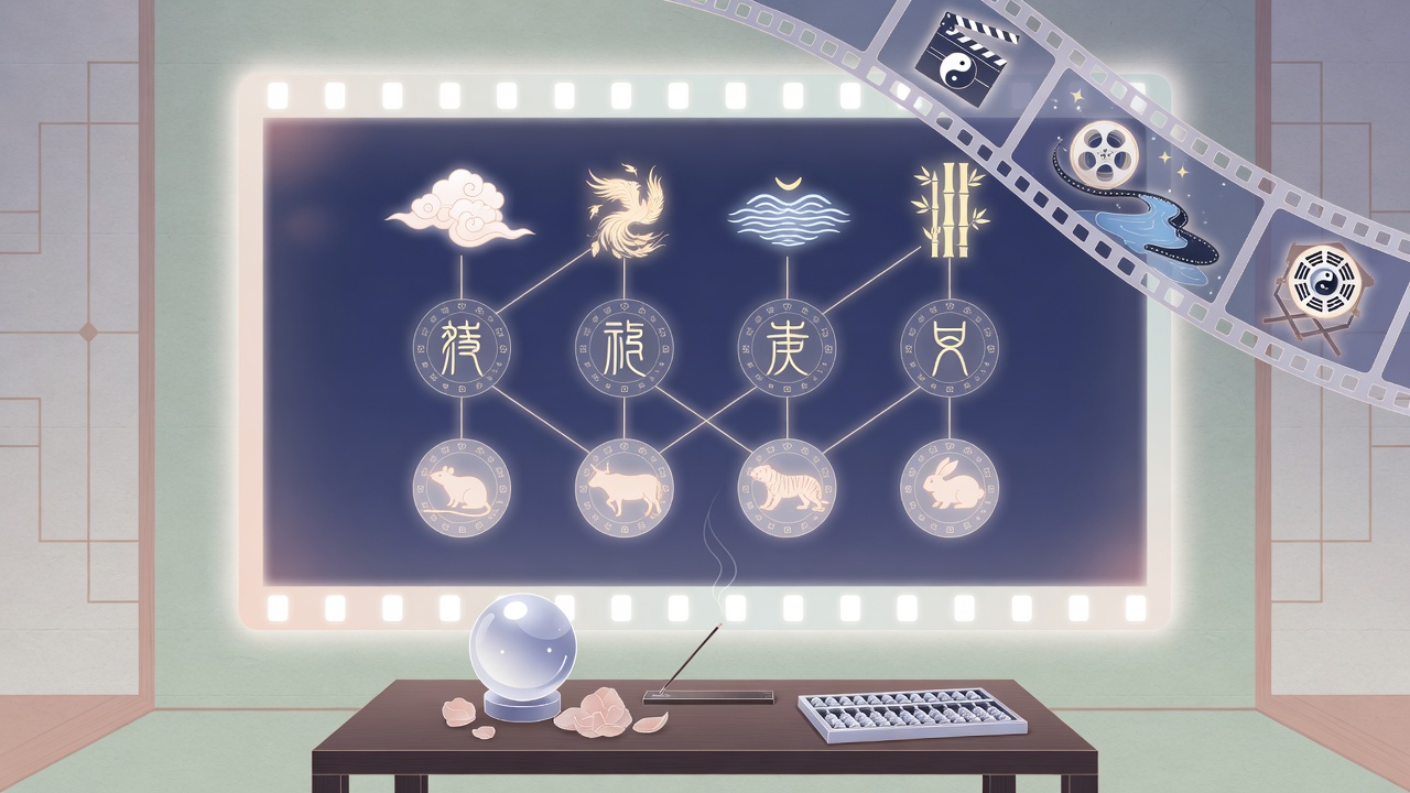 以映画为幕,投影天干地支的现代命理插画,象征选择与时机交汇的理性探索。
