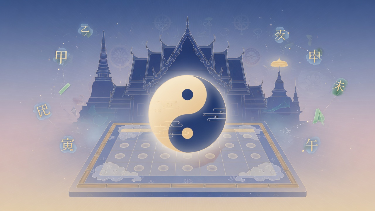 东方命理与现代插画融合:流日干支环绕太极,寓意日常能量流转。