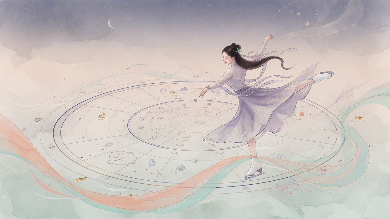 花样滑冰与八字命理元素的现代融合插画