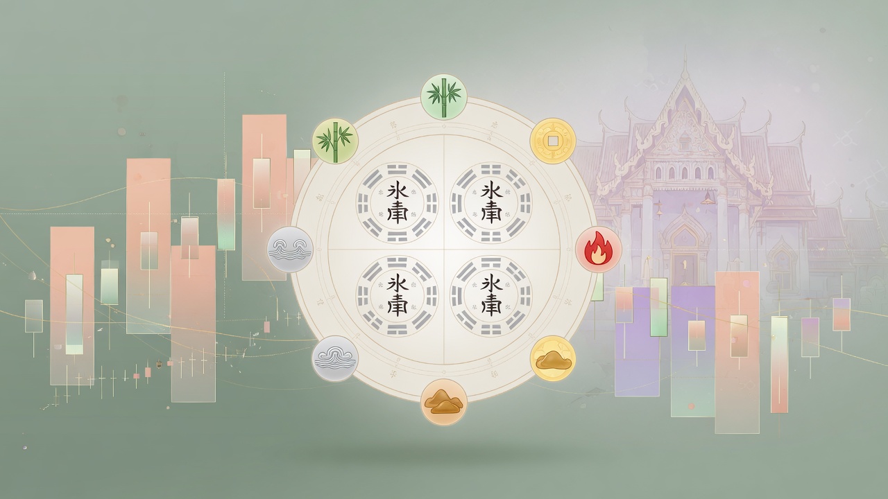 八字命盘与当代金融不确定性意象的现代东方插画