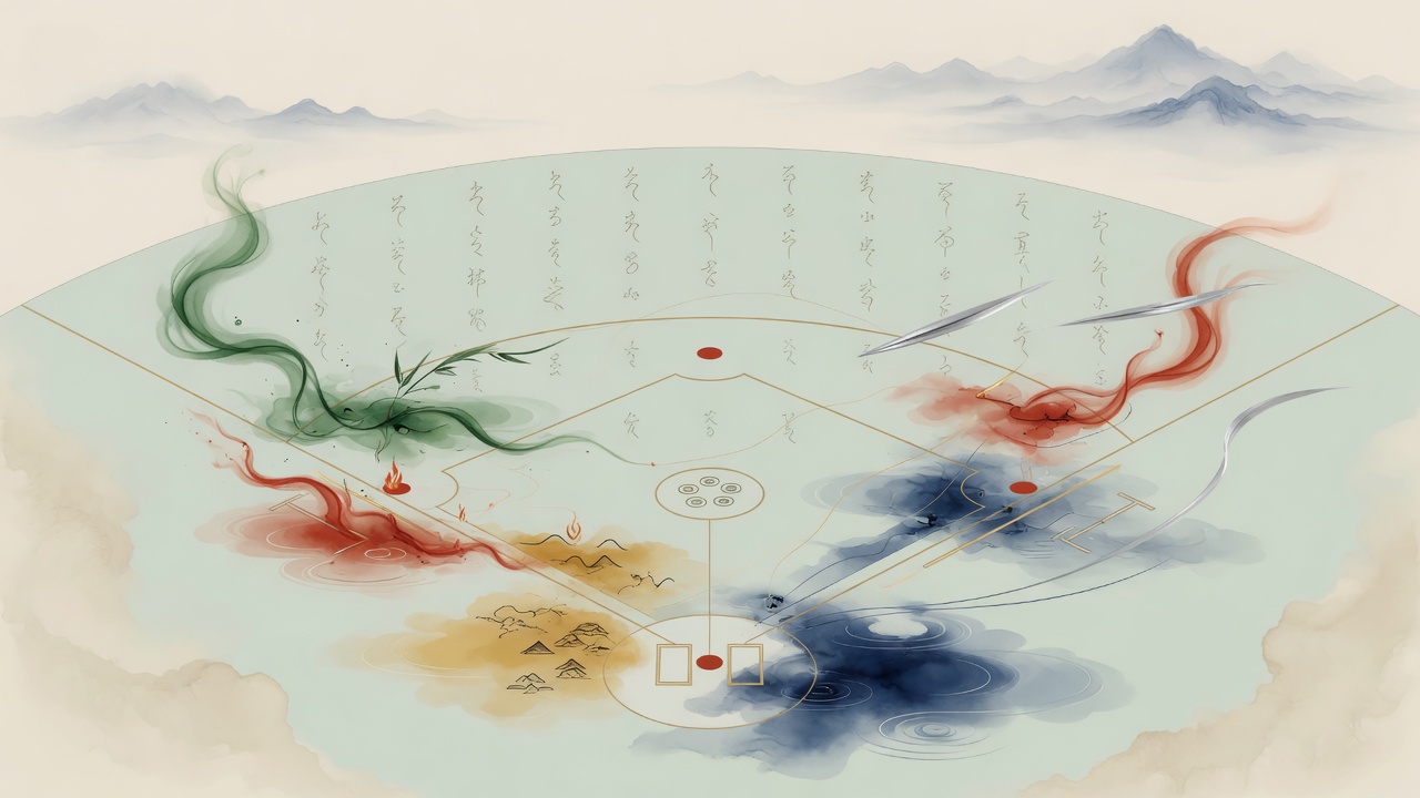 八字命理与棒球场景融合的意象插画,以抽象线条呈现命运与五行的流动。