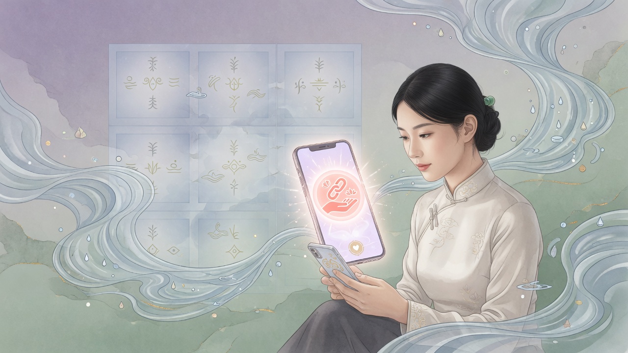 现代东方插画:手持手机查看援助信息的人物,背景为八字能量图与流水,体现时势与个人选择的交织
