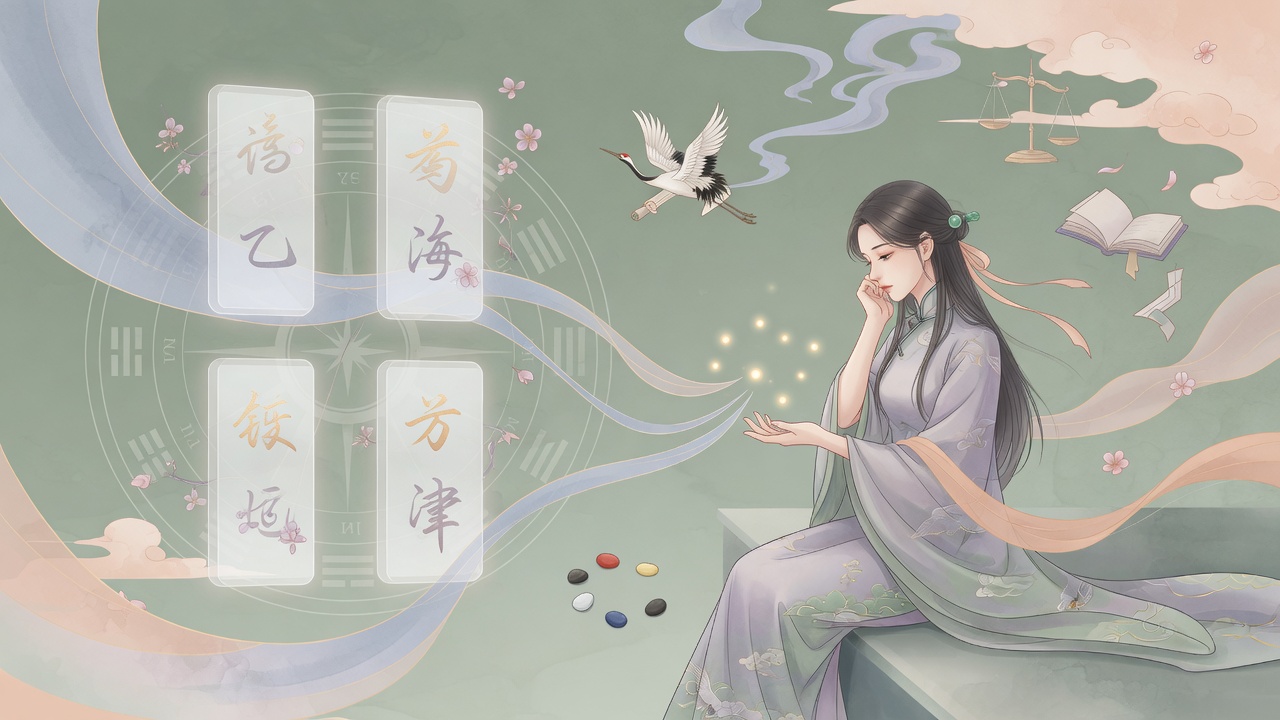 寓意 Pancasila 精神与八字五行融合的现代水墨插画,无文字。