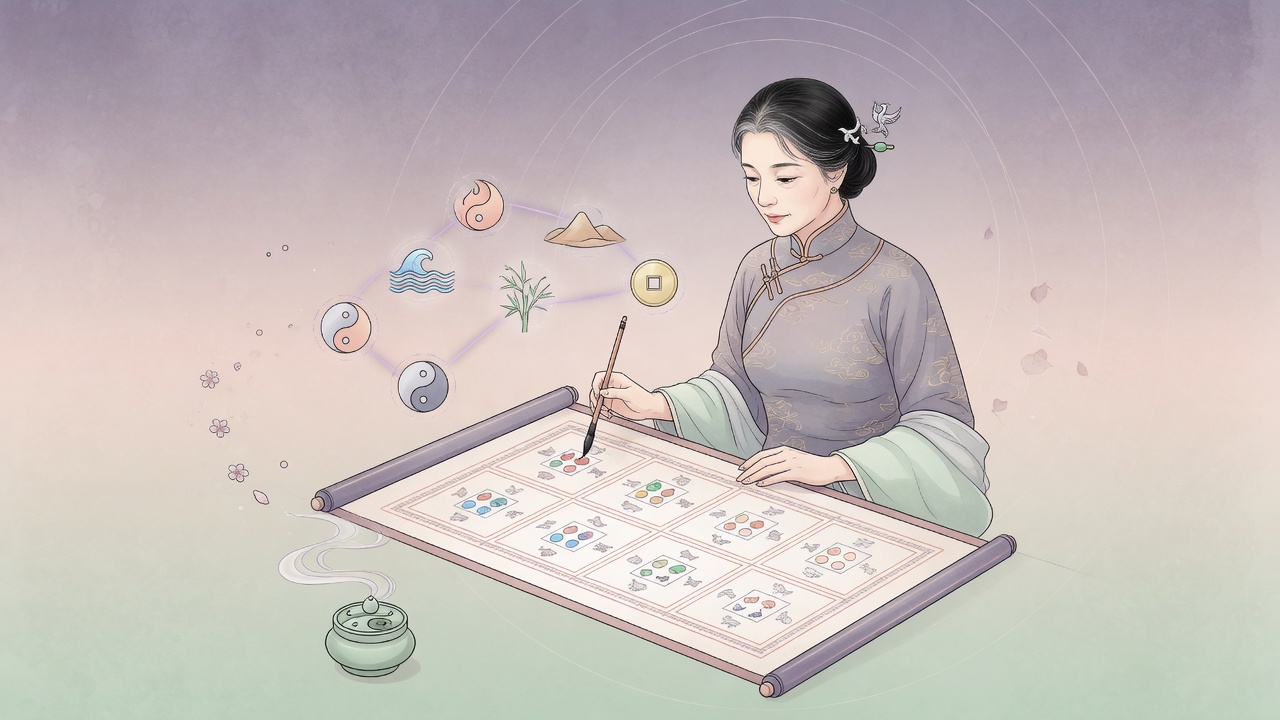 东方命理现代插画,命理师与八字符号,无文字