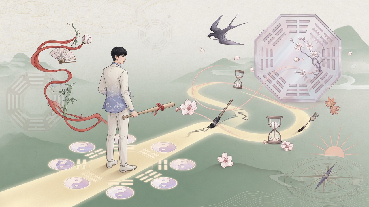 以水墨现代风格融合五行元素,表现运动员在关键时刻的爆发力,象征命理中的时势流转。