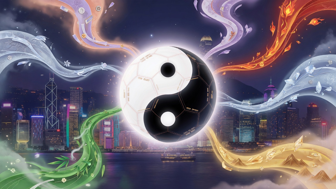 八字命理与足球元素交融的现代插画,寓意性格、选择与时空的互动。