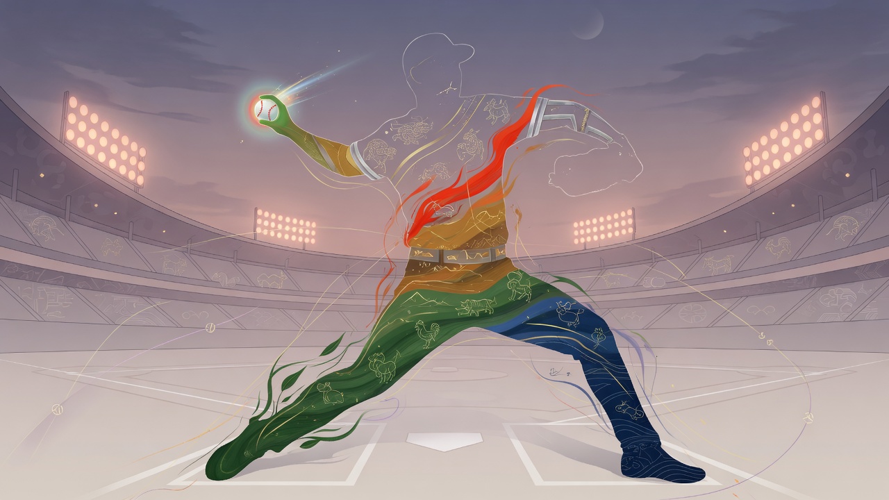 棒球选手与八字五行融合的现代插画,象征时势与个人选择的交织。