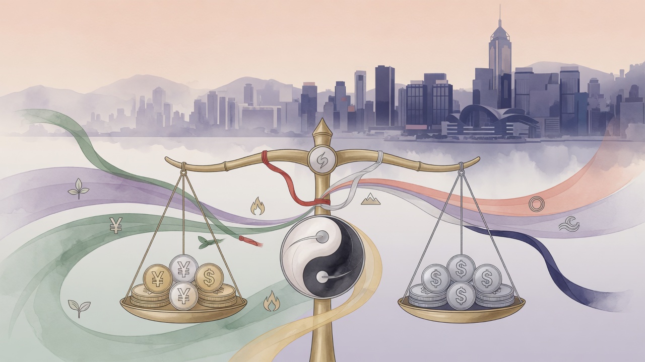日元兑港元汇率波动启发的八字性格与选择思考(现代插画)