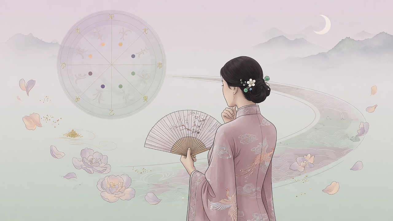 一幅现代东方水墨风格插画,以抽象的能量之树象征八字命理,背景中人物剪影立于职业与情感的交汇点,寓意性格与选择的交织。