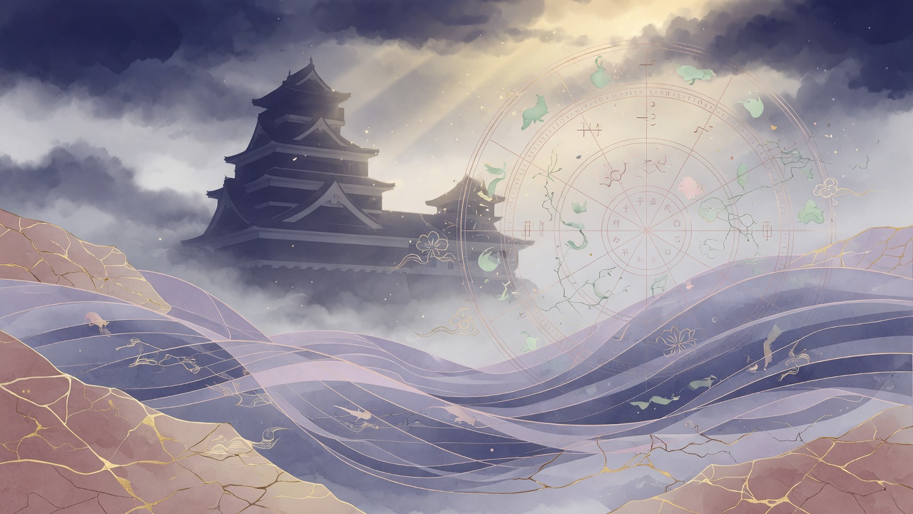 融合干支与熊本意象的东方命理插画,象征天时与人事的交织。
