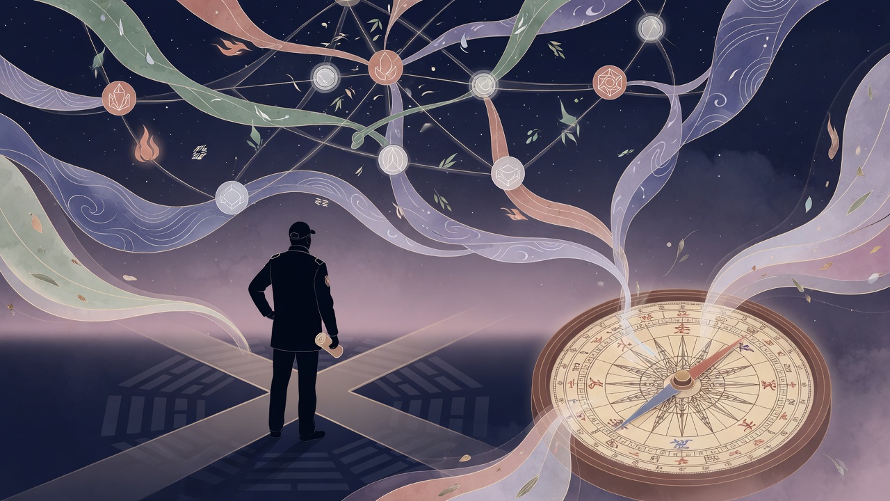 东方五行能量与职业选择困境的概念插画