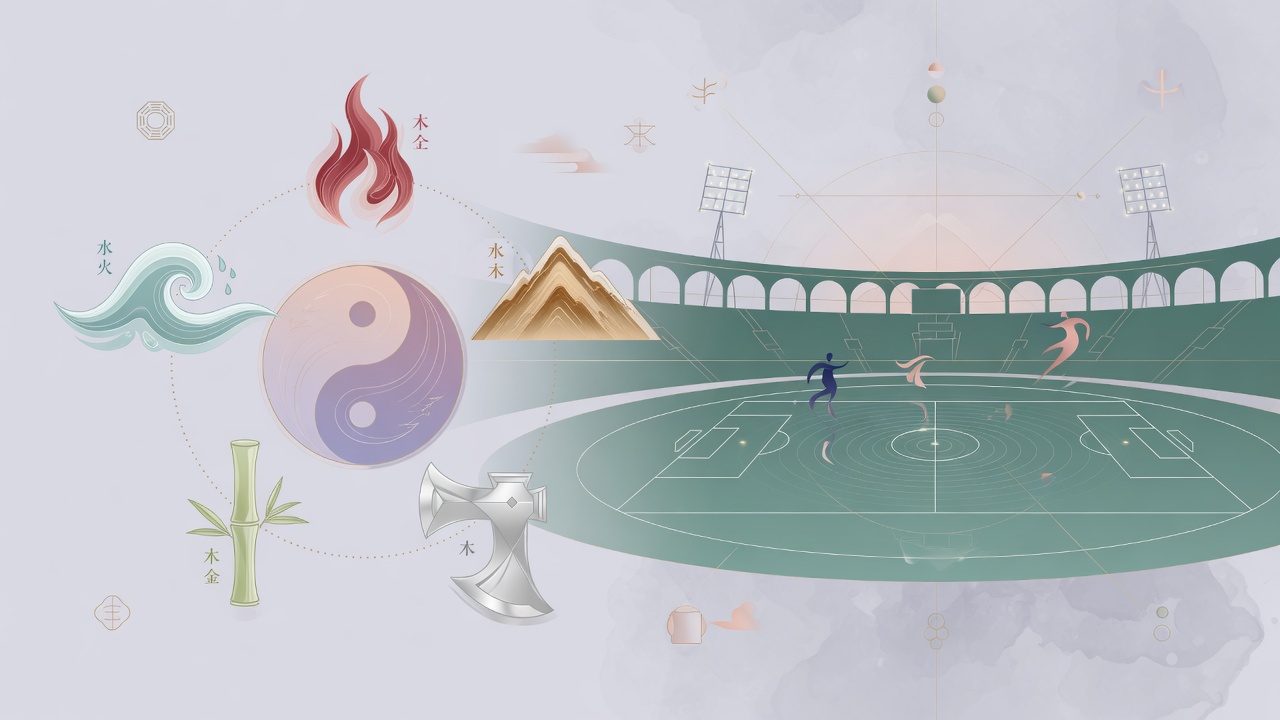 八字五行元素与足球场剪影结合的现代插画,无文字