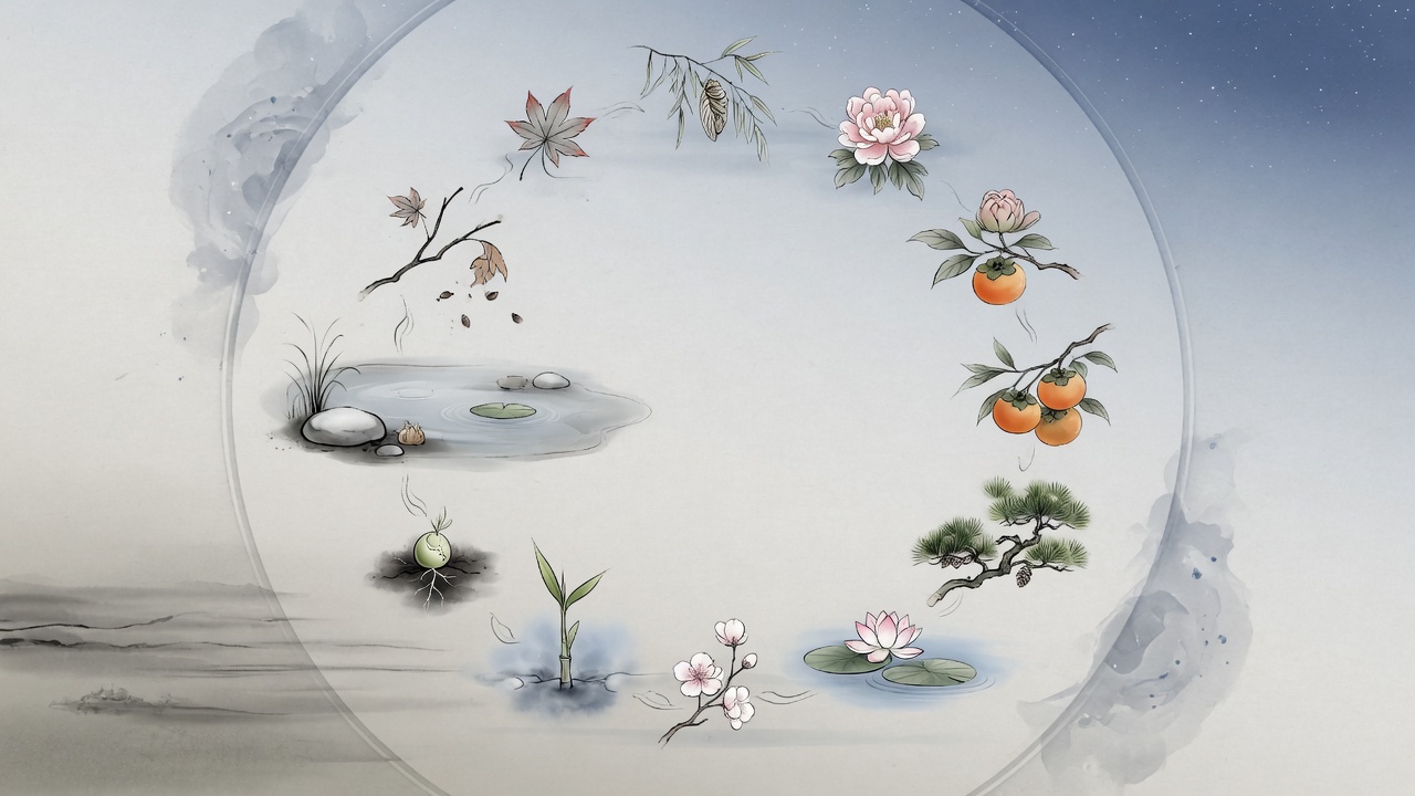 以自然元素隐喻生命节律的东方命理插画,展现从萌发到归根的循环历程。