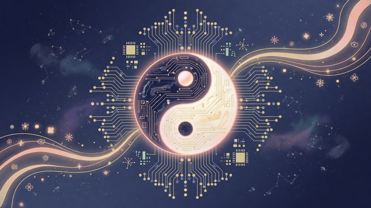 太极与芯片意象结合,展现传统命理智慧与当代科技财富观的交融。