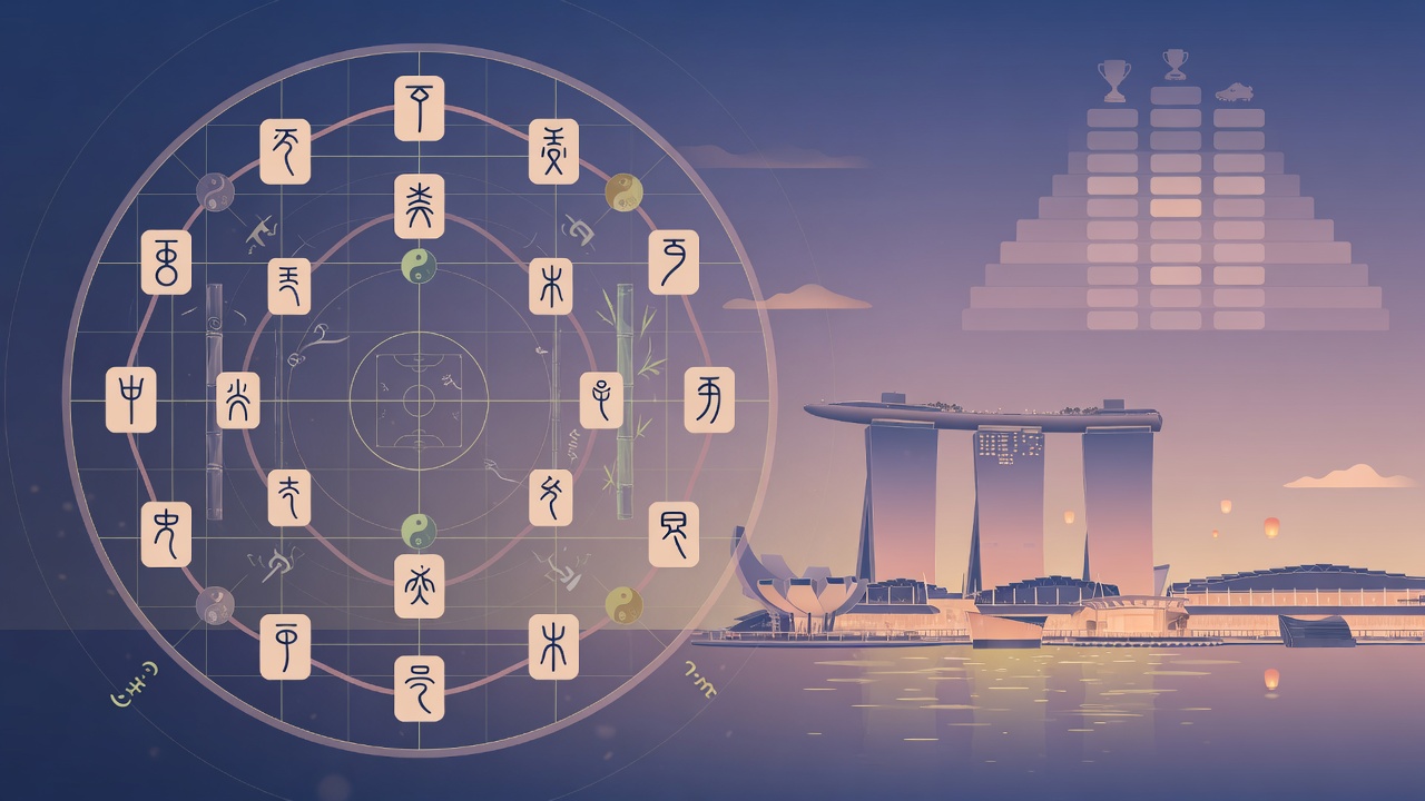 八字命理与足球竞技的现代融合插画,以新加坡滨海湾为背景,无文字。