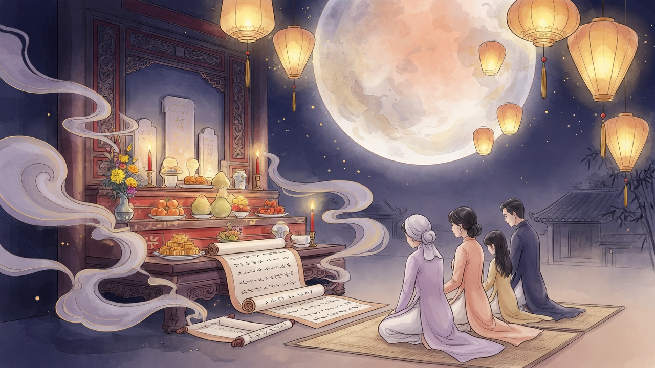 越南中秋祭月场景,香案、祭文与圆月交织,暗喻八字命理中的时势选择