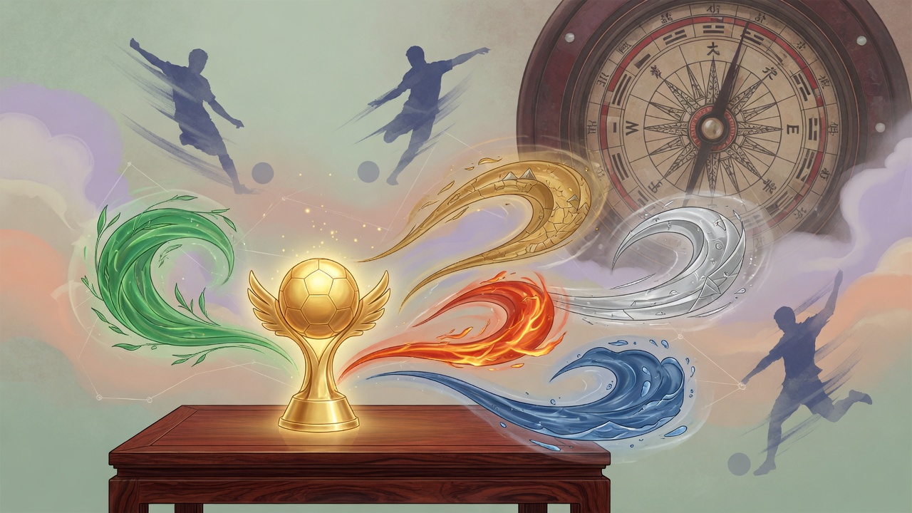 五行能量环绕的足球荣耀,象征八字文化中的时势与团队生克。