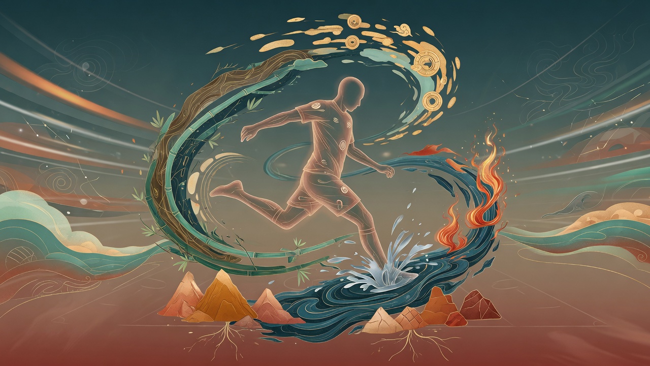 五行能量流转中的足球剪影,象征八字文化下个人特质与时代机遇的交织。