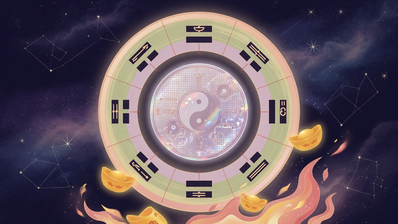 八字财星与半导体五行融合意象,象征传统智慧与现代科技产业的对话。