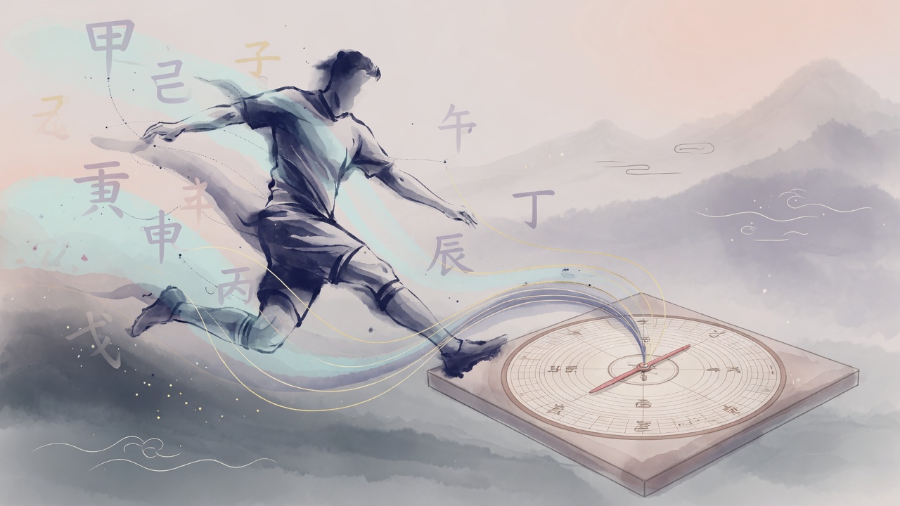 现代东方命理插画:球员动态与八字干支能量交融,象征性格与天时的共振。