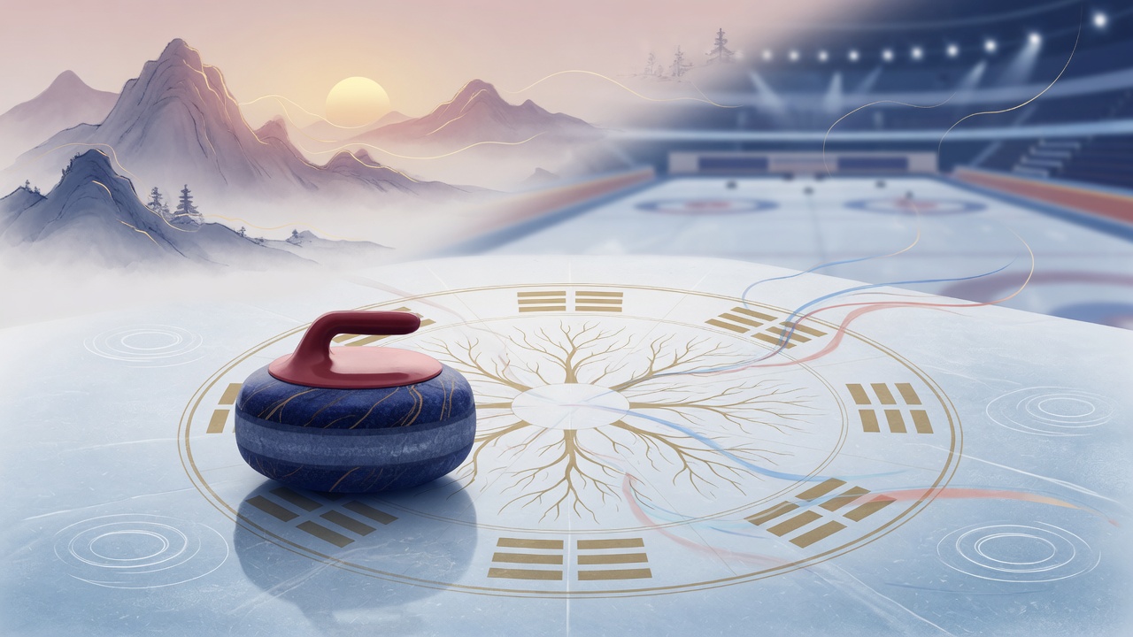 冰壶与命理意象融合的现代插画,寓意运动生涯的暂停与重启。