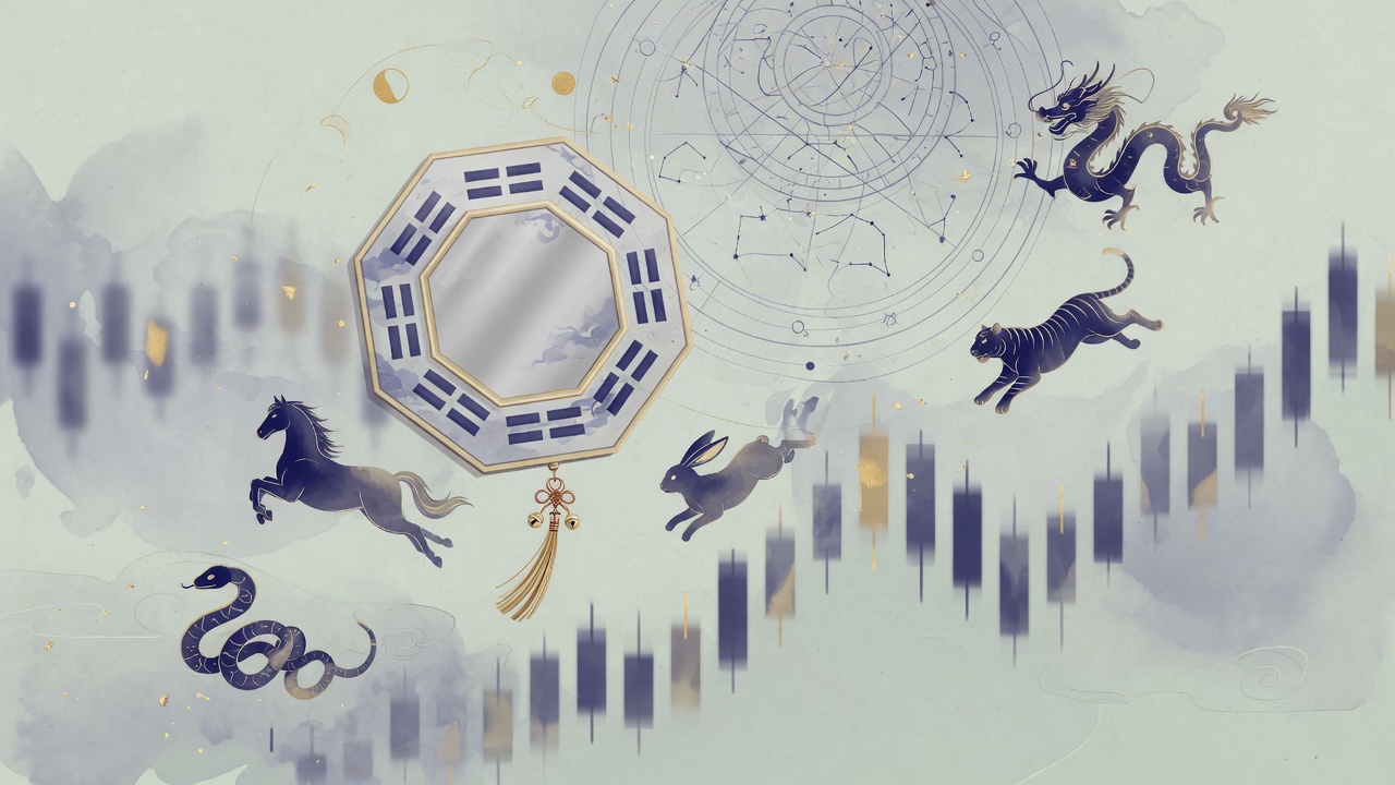 东方命理与现代金融交织的意象插画,无文字,冷静典雅。