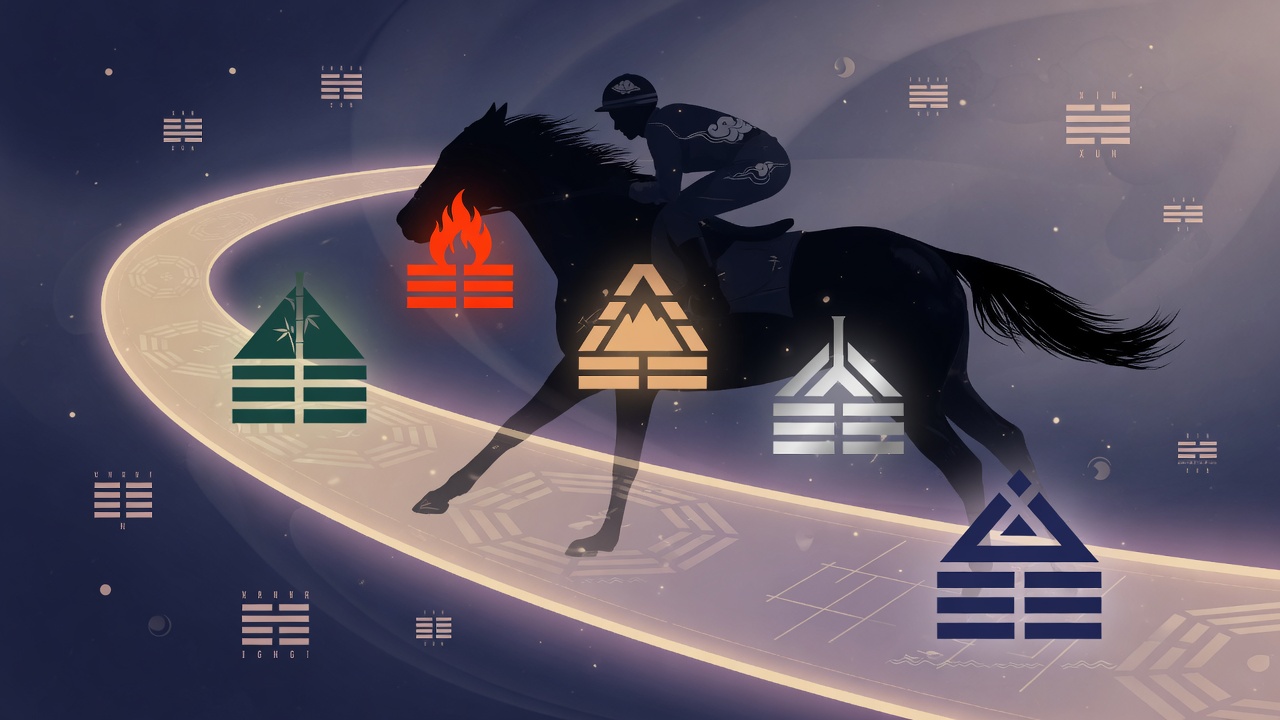 八字五行与赛马意象交融的东方命理插画