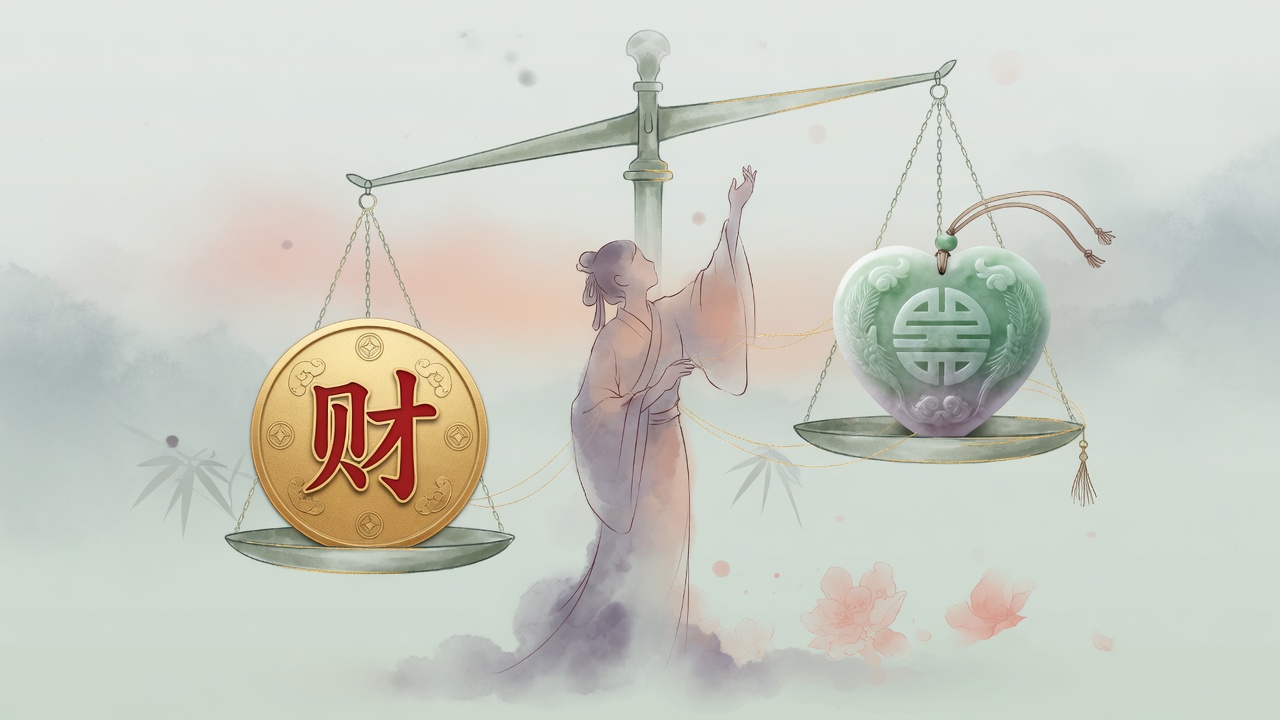 东方命理插画:天平两端分别放置象征财富的铜钱与象征婚姻的玉石,中间抽象人形努力维持平衡,寓意财星与日主的能量互动。