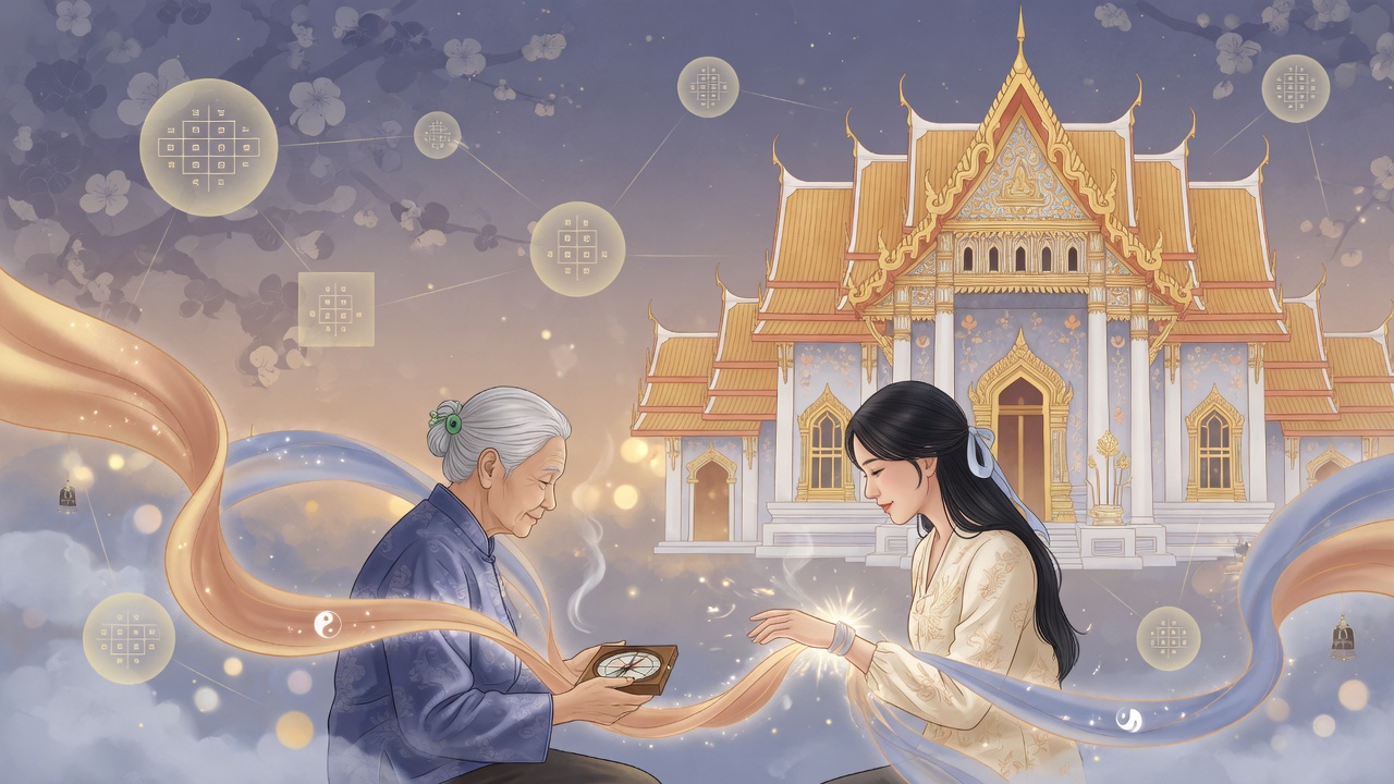 以暖金与柔蓝交织的东方命理插画,丝带象征印星庇护,连接长辈与晚辈,寓意跨越形式的孝道能量。
