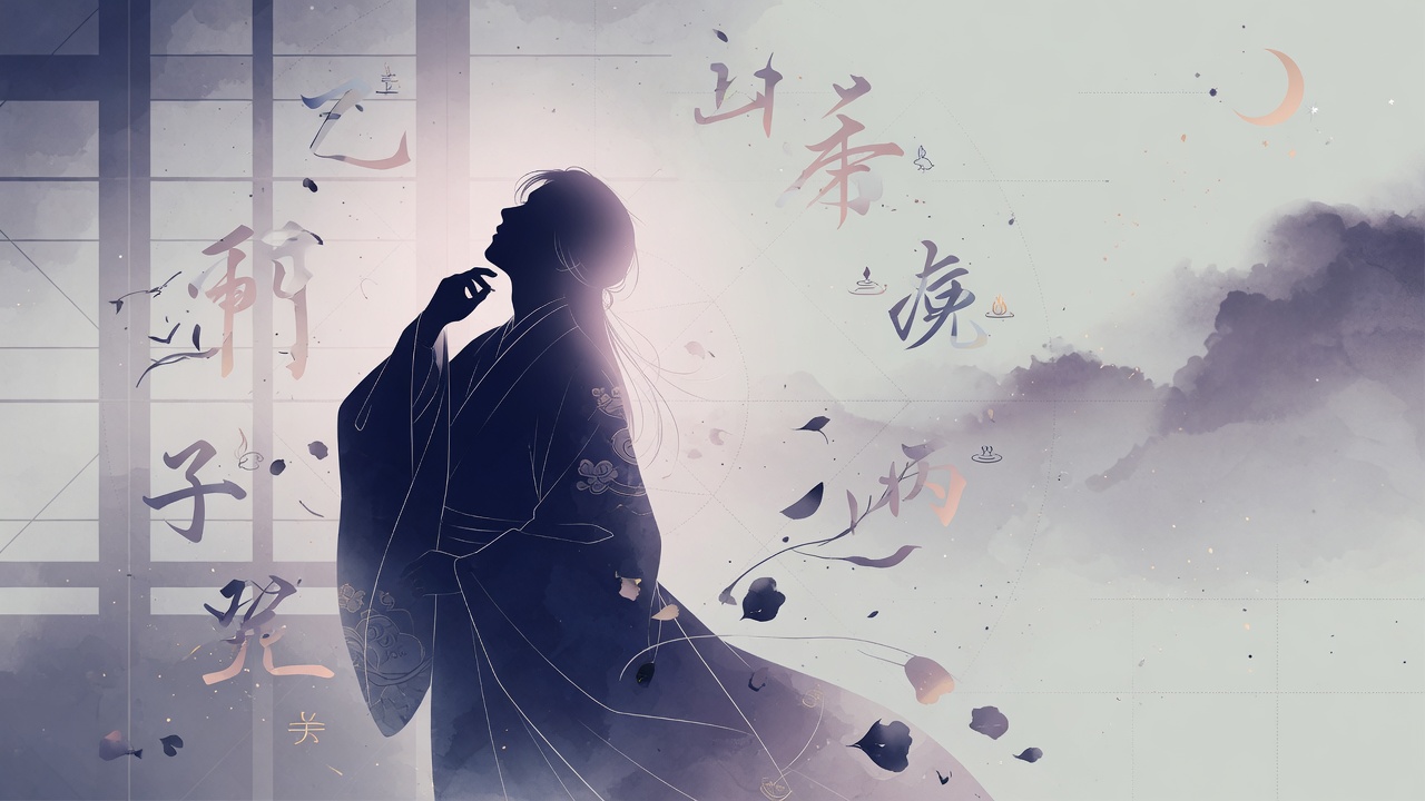 东方命理与现代剧集意象融合的插画,象征性格、选择与时势的交织。