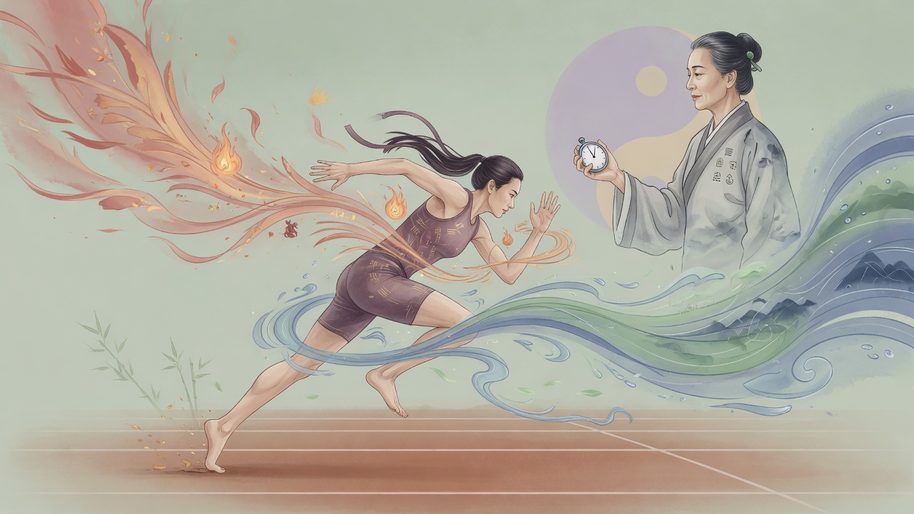 以东方命理哲学诠释运动员天赋与教练关系的现代插画